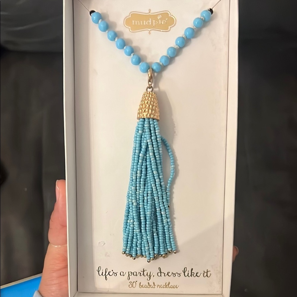 Mud Pie Blue Beaded Tassel Necklace